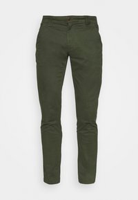 Olivgrön bomullbyxor med slim-fit design, som har dragkedja fram, knappstängning och standardfickor.