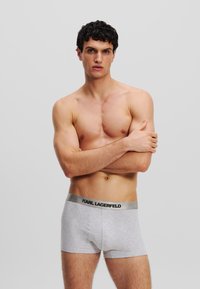 Boxer-briefs gris avec une ceinture contrastante portant le logo "KARL LAGERFELD". Le tissu semble doux avec une texture lisse.