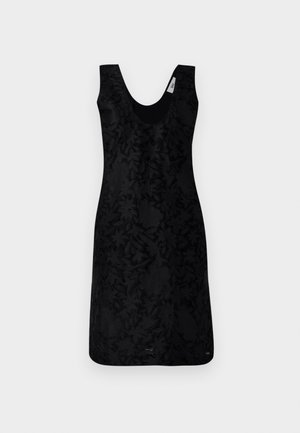 Svart ermeløs kjole med V-hals, med et teksturert blomster mønster gjennom hele. Designet er strukturert, med en tettsittende silhuett.