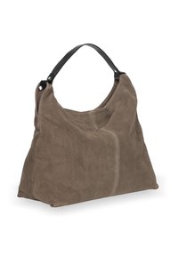 Miękka torebka na ramię z brązowego zamszu z czarnym, skórzanym uchwytem. Luźny fason cechuje minimalna liczba szwów i brak widocznych elementów metalowych. Gładka faktura.