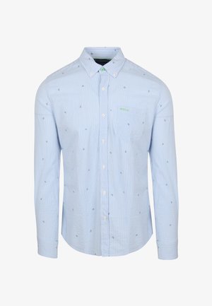 Lichtblauw gestreept overhemd, lange mouwen, met knoopsluiting kraag, voorzien van een klein, verspreid nautisch patroon en een groene logo-accent op de borst.