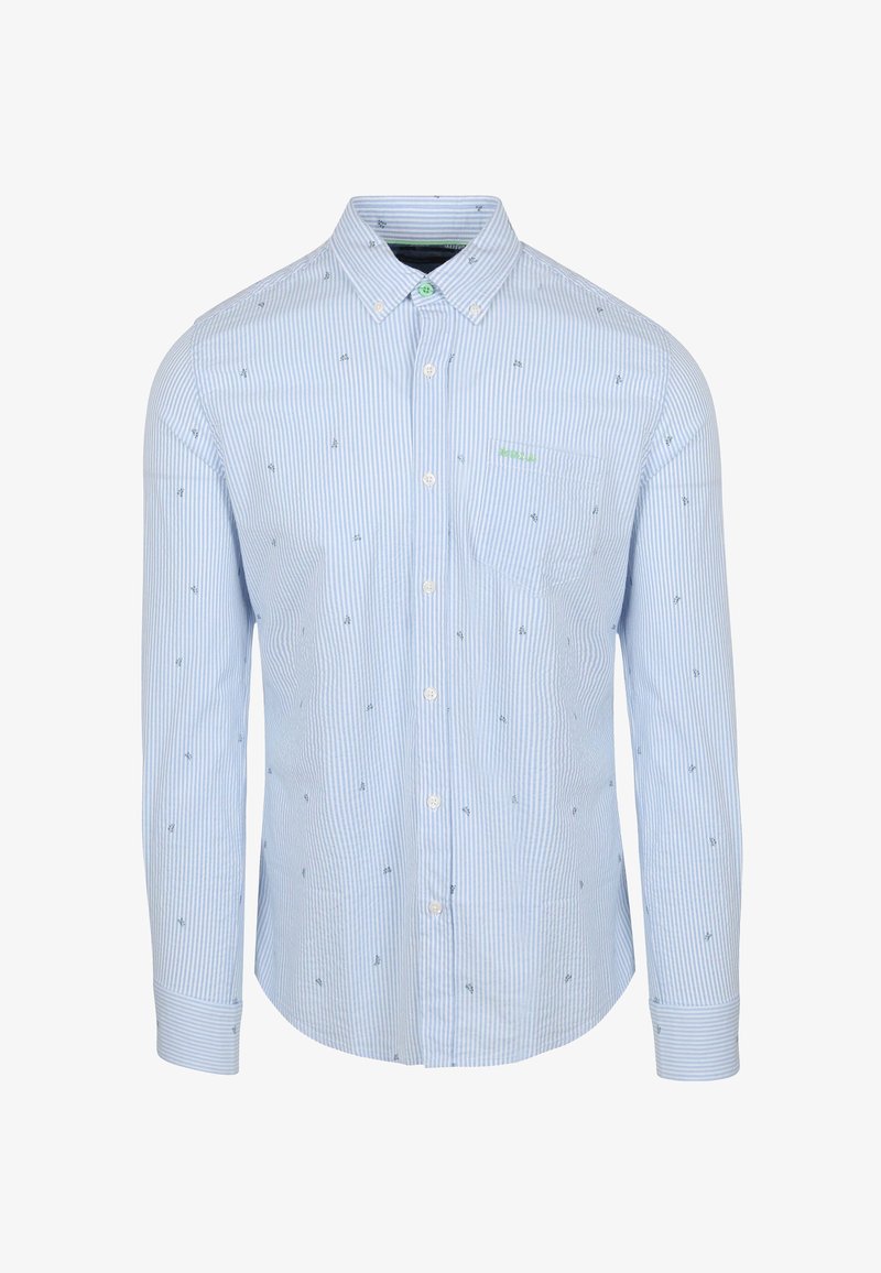 Lichtblauw gestreept overhemd, lange mouwen, met knoopsluiting kraag, voorzien van een klein, verspreid nautisch patroon en een groene logo-accent op de borst.