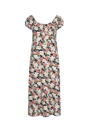 Kwiatowa sukienka midi z bufkami, kwadratowym dekoltem i wielobarwnymi różowymi, białymi oraz fioletowymi kwiatami na czarnym tle.