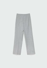 Šedé pruhované kalhoty s širokými nohavicemi, elastickým pasem, měkkou texturou a rovný střih. Ideální pro volný čas a polos formální příležitosti.