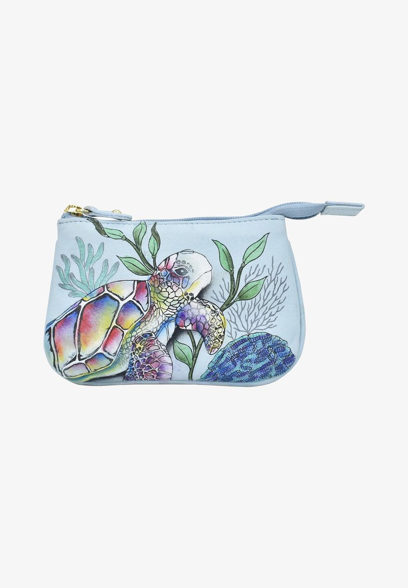 Ritszakje in lichtblauw, met een gedetailleerde illustratie van een schildpad en waterplanten in levendige kleuren en een textuur oppervlak.