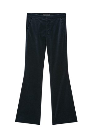 Pantalons évasés en velours marine foncé avec une texture lisse, dotés de poches latérales et d'un design à jambes larges pour un fit décontracté.