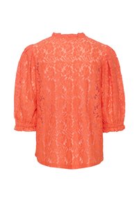 Lace blouse in bright orange with puffed sleeves, a textured floral pattern, and a pleated neckline detailing. Back view shown.