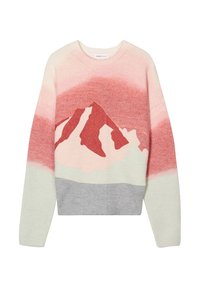 Strickpullover mit einem Bergmuster, Farbverlauf in Pink-, Rot- und Grautönen, Rundhalsausschnitt und langen Ärmeln.