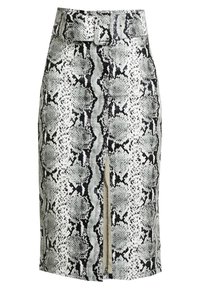 Pennkjol med svart, vit och grå ormullsstruktur, hög midja med matchande bälte och framkil.