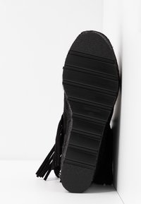 Semelle de chaussure noire avec motif de bande de roulement horizontal, taille 38 visible et texte "Made in Spain" sur fond blanc en coin.
