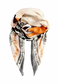 Ľahký hodvábny šál v krémovej farbe s oranžovými a čiernymi ilustráciami, s kvetinovými vzormi a kontrastnými horizontálnymi pruhmi.