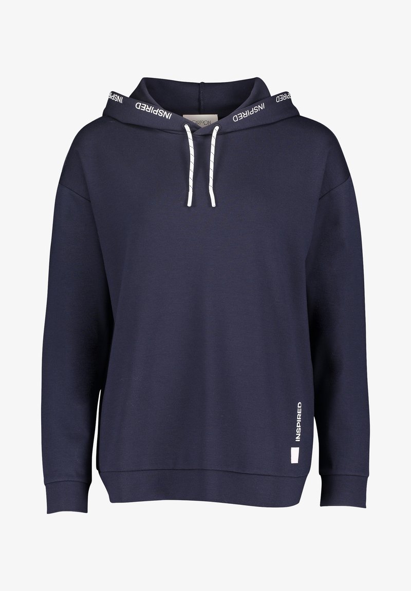 Sweat à capuche bleu marine avec cordons blancs, texte « INSPIRED » sur le bord de la capuche et en bas à gauche à l'avant, poignets et ourlet côtelés.