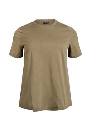 Olive rohelise värvusega puuvillane T-särk lühikeste varrukatega, ümmarguse kaelusega ja lõdva sobivusega. Omadusteks on sile tekstuur ja sirge heline.
