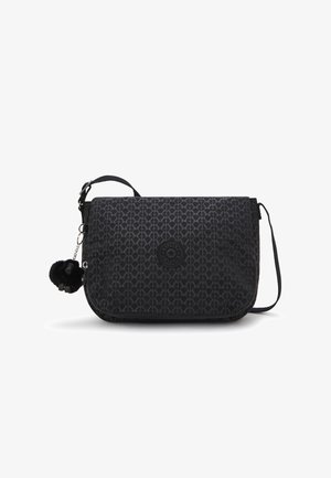 Black crossbody bag with a diamond pattern, featuring a logo patch, zip closure, and a detachable pom-pom charm. Adjustable strap included.