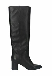 Kniehoge zwarte leren laars met een spitse neus en een stevige blokhak, met een gladde textuur en minimalistisch design.