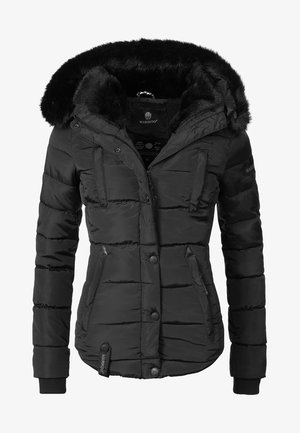 Veste d'hiver noire matelassée avec fermeture éclair et boutons-pression, deux poches poitrine, poches latérales, et capuche doublée de fourrure.