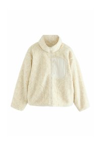 Fleece-Standzipjacke in Creme mit weicher Textur, hohem Kragen und einer seitlichen Reißverschlusstasche. Mit runden Schultern und einer lässigen Silhouette.