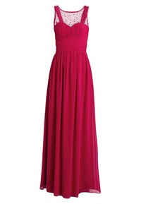 Maxikjol i livlig fuchsia med åtsittande bodice, plisserade detaljer och genomskinlig prickig meshöverdrag vid halsringningen och axlarna.