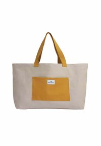 Beige Leinenshoppingtasche mit einer leuchtend gelben Tasche. Verfügt über zwei Tragegriffe, eine rechteckige Form und ein Logoetikett auf der Tasche.