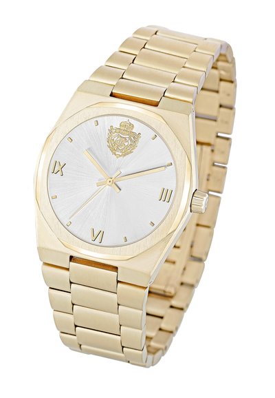 Gold-tone wristwatch with an octagonal case, silver textured dial, gold crown, and Roman numerals. Features a linked metal band.