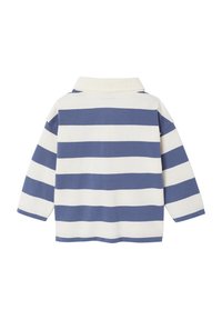 Langarm-Poloshirt mit blauen und weißen horizontalen Streifen, ausgestattet mit einem klassischen Kragen und aus weichem, strukturiertem Baumwollmaterial.