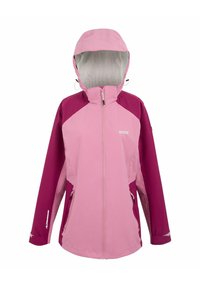 Veste d'extérieur imperméable bicolore rose pour femme avec capuche, fermeture éclair avant et poches latérales zippées, présentée sur fond uni.