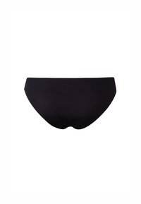 Parte inferiore di bikini nera realizzata in tessuto liscio, con un design semplice e a vita bassa, senza motivi o elementi metallici visibili.