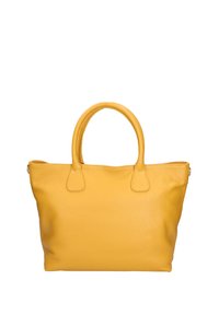 Geel leren tote bag met een textuurafwerking, ronde handvatten en een eenvoudig ontwerp; beschikt over een ritsluiting en zijvak.