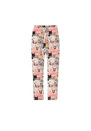 Leggings avec un motif coloré de différents chiens et chats, incluant des caniches, chats noirs et terriers du Yorkshire, entrecoupés de grands nœuds roses.