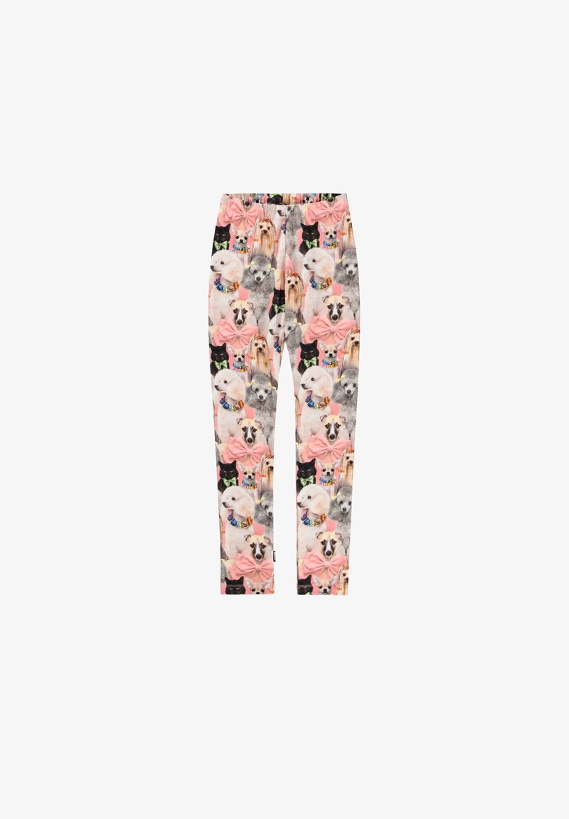 Leggings avec un motif coloré de différents chiens et chats, incluant des caniches, chats noirs et terriers du Yorkshire, entrecoupés de grands nœuds roses.