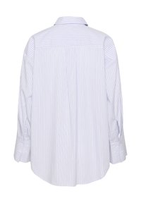 Light blue and white striped shirt, featuring a spread collar, long sleeves, and a rounded hem with buttoned cuffs. Smooth fabric texture.