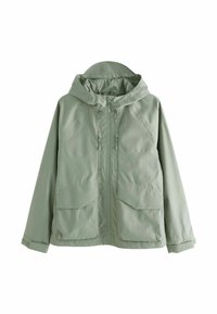 Jachetă impermeabilă de culoare verde deschis, cu glugă, închidere cu fermoar și două buzunare mari în față. Textură netedă și șnururi ajustabile pe glugă.