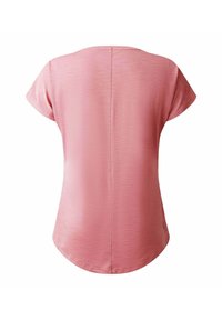 Camiseta corta rosa con mangas de capuchón, escote redondo y costura trasera recta. Textura suave con un sutil patrón jaspeado.