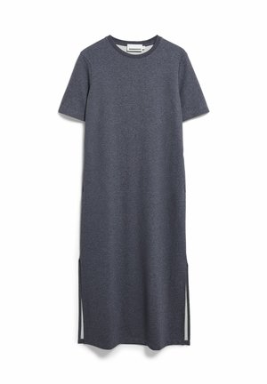Dunkelgraues Midikleid mit kurzen Ärmeln, rundem Ausschnitt, seitlichen Schlitzen und weichem, strukturiertem Stoff. Schlichte, gerade Silhouette.