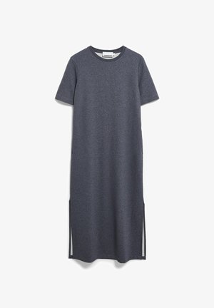 Donkergrijze midi-jurk met korte mouwen, een ronde halslijn, zijsplitsen en een zachte, gestructureerde stof. Eenvoudige, rechte pasvorm.