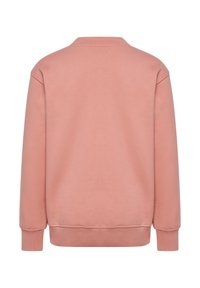 En ensfarvet lakserosa sweatshirt med lange ærmer, ribkanter ved ærmer og kant, vist bagfra på en hvid baggrund.