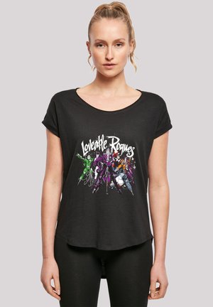 Schwarzes T-Shirt mit kurzen Ärmeln, das einen bunten Grafikdruck mit Figuren und dem Text "Loveable Rogues" in fetter weißer Schrift zeigt.