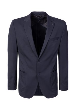 Dunkel marineblauer Herrenblazer mit zwei Knöpfen, aufgeschlagenem Revers und Fronttaschen auf weißem Hintergrund.