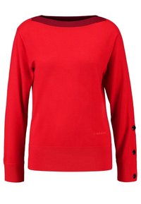 Czerwony sweter dziany z dekoltem w łódkę, kontrastującym bordowym wykończeniem i czarnymi guzikami na rękawie. Miękka tekstura i luźny krój.