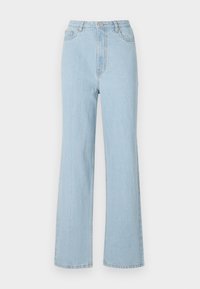 Lyseblå denimhøye jeans med avslappet passform, vide ben og klassisk fem-lomme-design. Har metallknapp og glidelås-lukking.