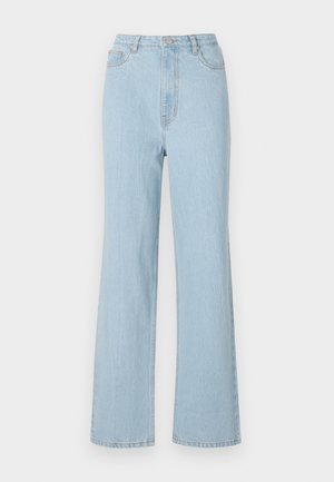 Jeans din denim bleu deschis, cu talie înaltă, cu un croi confortabil, picioare largi și un design clasic cu cinci buzunare. Prezintă un nasture din metal și închidere cu fermoar.