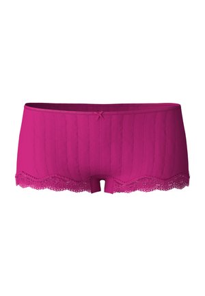 Magenta stretch lace shorts met een geribbelde textuur, voorzien van een scalloped lace zoom en een kleine strikaccent in het midden van de tailleband.