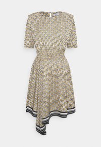 Kortærmet kjole i hvidt stof med et rutenetmønster af gule firkanter med sorte kanter. Har en asymmetrisk kant med sorte striber.