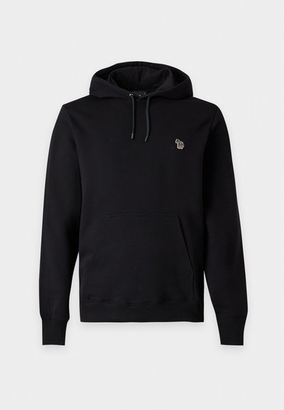 Sweat à capuche noir à enfiler avec poche kangourou à l'avant, cordon de serrage ajustable à la capuche et petit logo brodé coloré sur la poitrine gauche.
