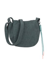 Borsa a tracolla in finta suede color turchese con forma arrotondata, tracolla regolabile e dettaglio decorative intrecciato con accenti rosa.