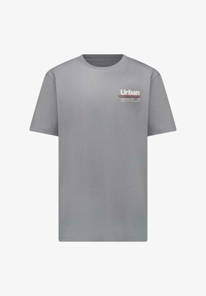 Grijs T-shirt met korte mouwen en een klein "Urban"-logo en tekst aan de linkerkant van de borst.