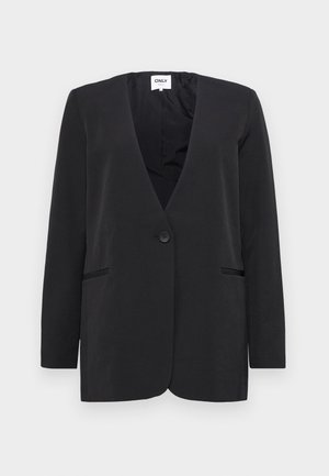 Black blazer with a v-neck, single button closure, and two front pockets. Made from smooth fabric, it features long sleeves and a minimalistic design.