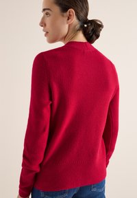 Roter gerippter Pullover mit langen Ärmeln, rundem Ausschnitt und strukturiertem Stoff. Die Rückansicht hebt das Strickmuster und die lässige Passform hervor.