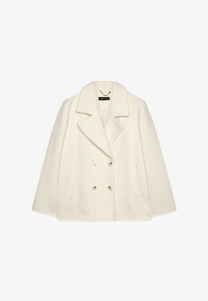 Doppelreiher weißer Wollmantel mit strukturierter Oberfläche, breiten Revers, zwei vorderen Taschen und kontrastierenden Knöpfen.