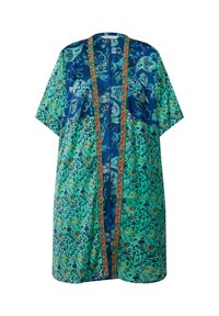 Flowy kimono-style dress with short sleeves, featuring a vibrant green and blue floral pattern, and a colorful floral accent along the front.